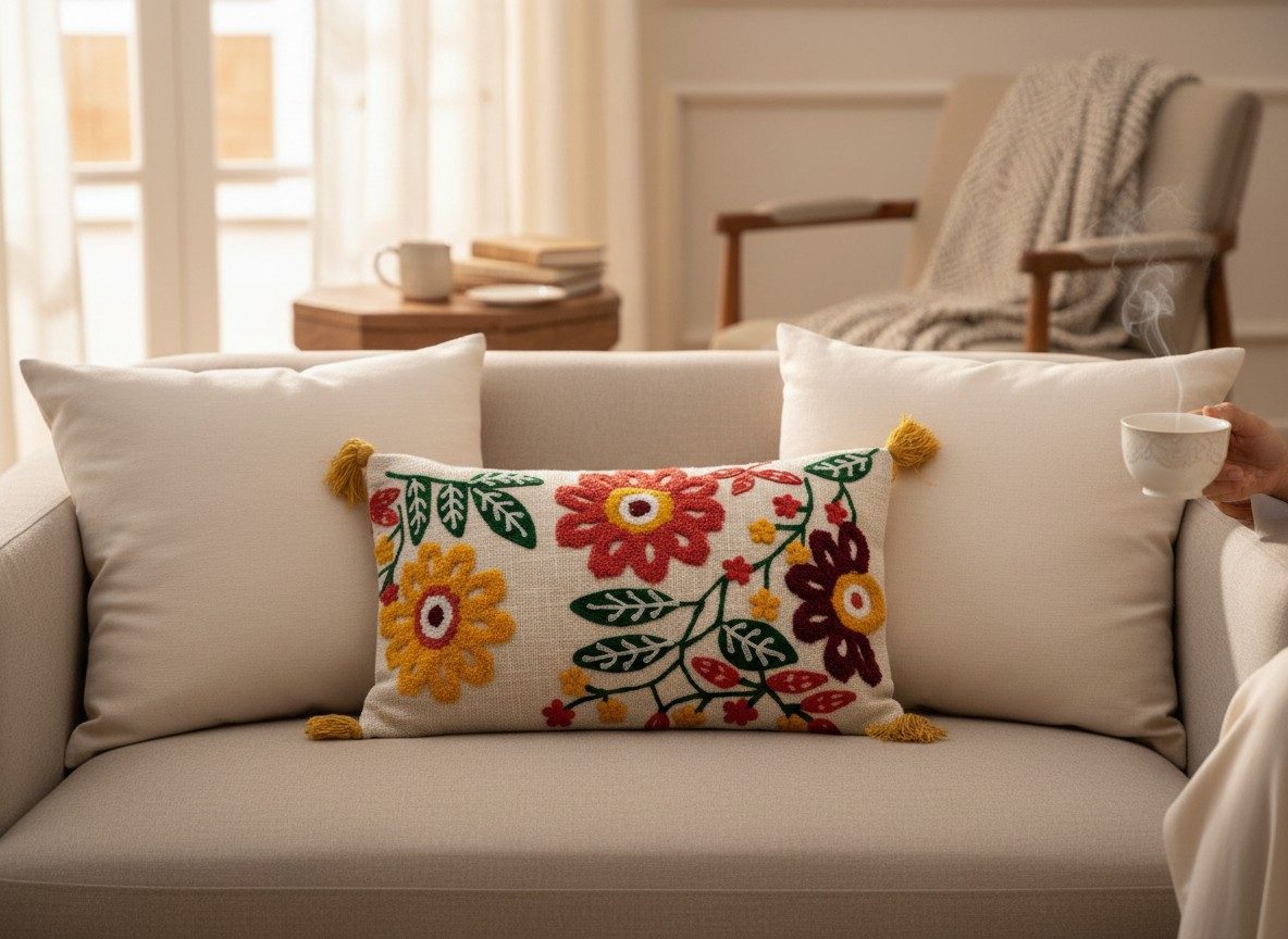 Embroidered Decorative 12X20 inch Cushion Cover with Tassels – Boho Embroidered Throw Pillow Case (1 Pc) - Multi Floral 1