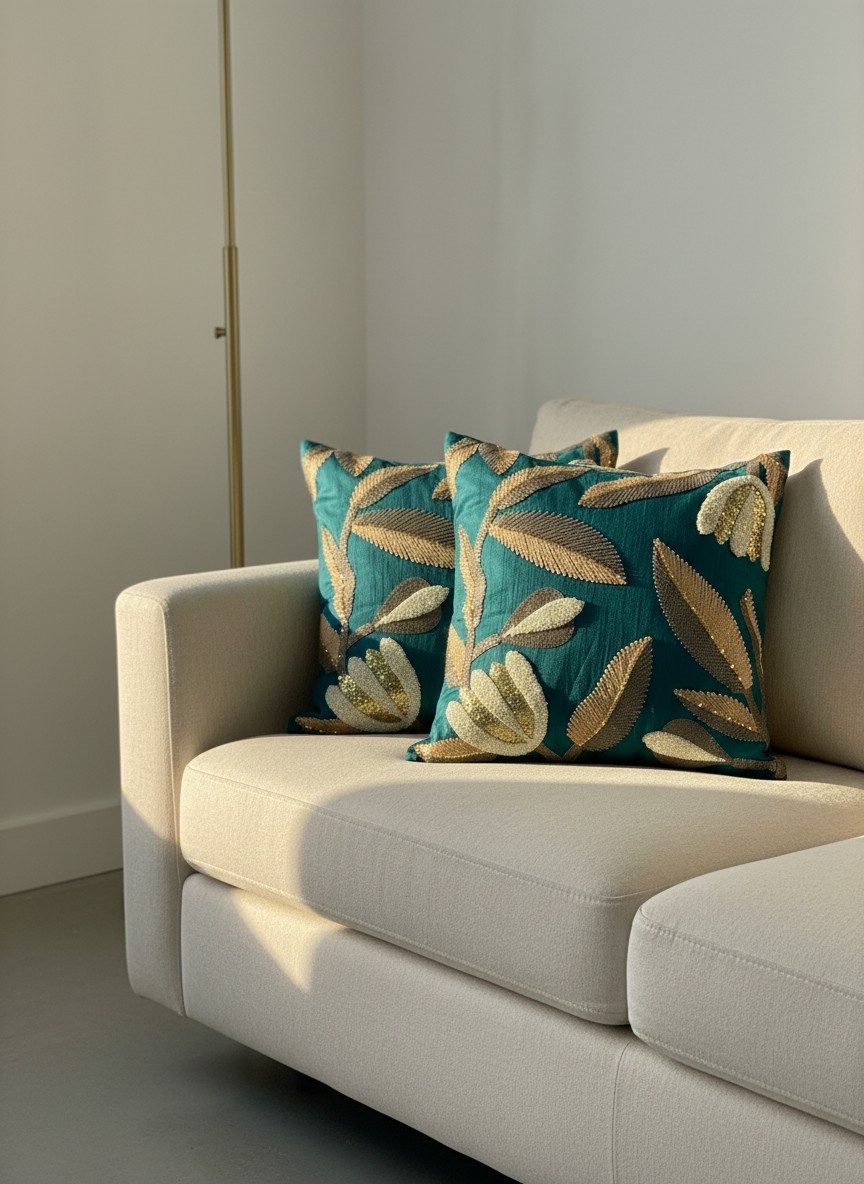 Embroidered Sequin Floral Square Cushion Cover – Teal & Gold 2