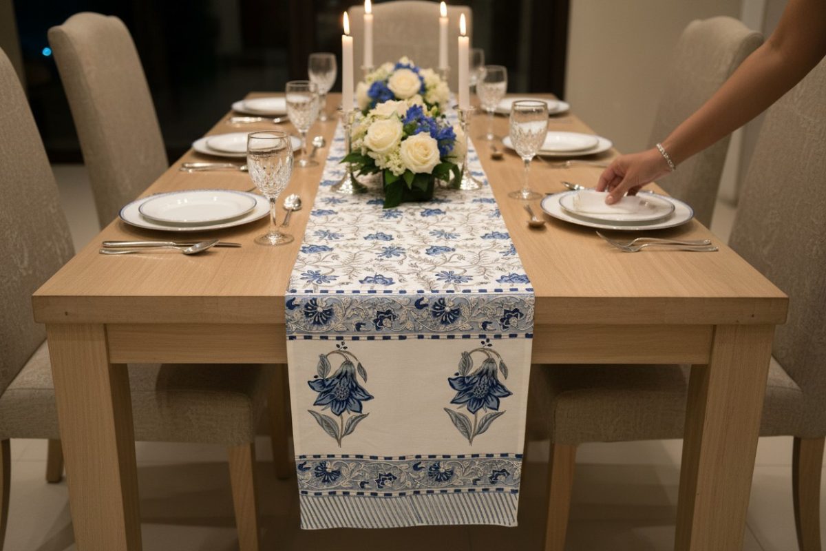 Hand Block Print Indigo Bloom Cotton Table Runner — Blue & Ivory 2