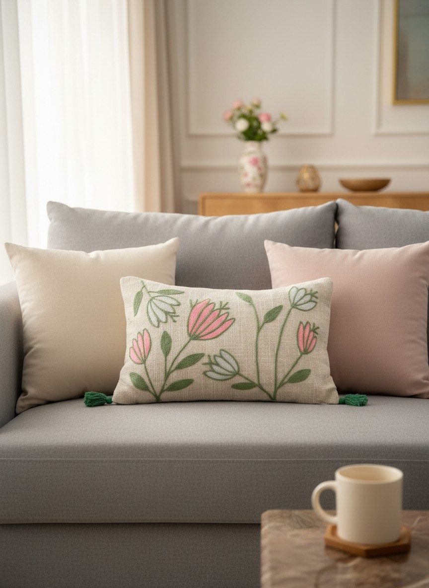Embroidered Decorative 12X20 inch Cushion Cover with Tassels – Boho Embroidered Throw Pillow Case (1 Pc) - Pink Tulips 1