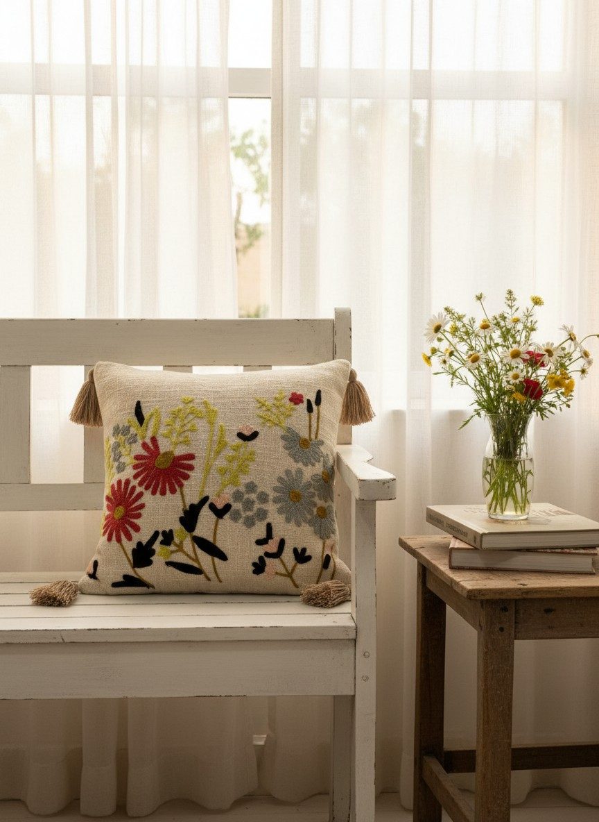 Wildflower Daisy Boho Cushion Cover with Tassels — 16x16 Inches 5