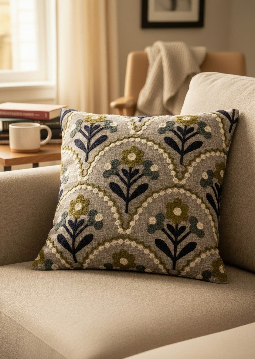 Grey Embroidered Cushion Cover — 16x16 Inches | Floral Throw Pillow Cover 1
