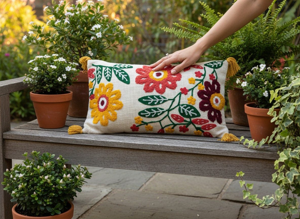 Embroidered Decorative 12X20 inch Cushion Cover with Tassels – Boho Embroidered Throw Pillow Case (1 Pc) - Multi Floral 2