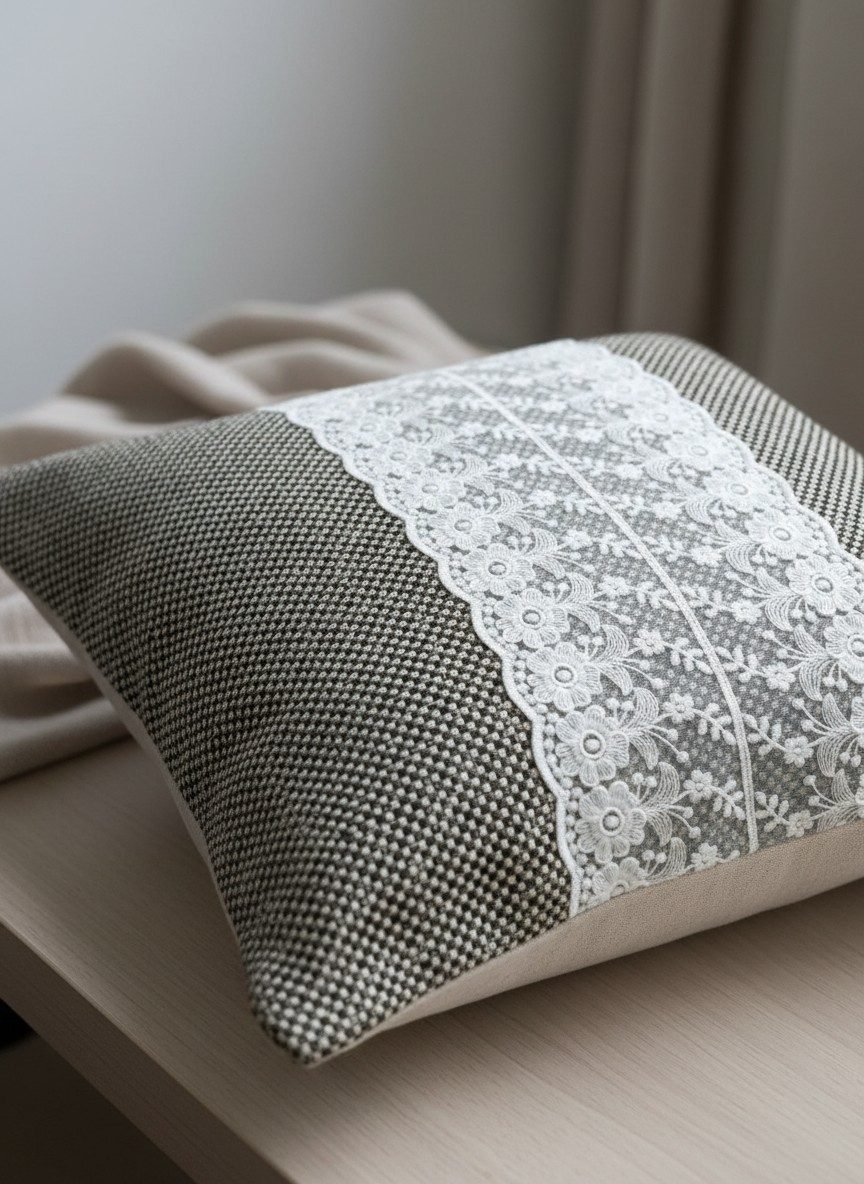 Rustic Beige Brown Woven Cushion Cover with White Floral Lace Panel 16x16 Inch 4