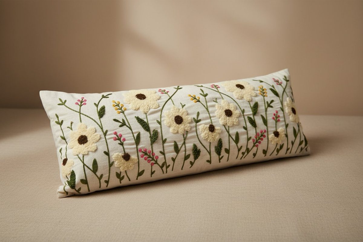 Botanical Embroidered Lumbar Cushion Cover – Ivory 4
