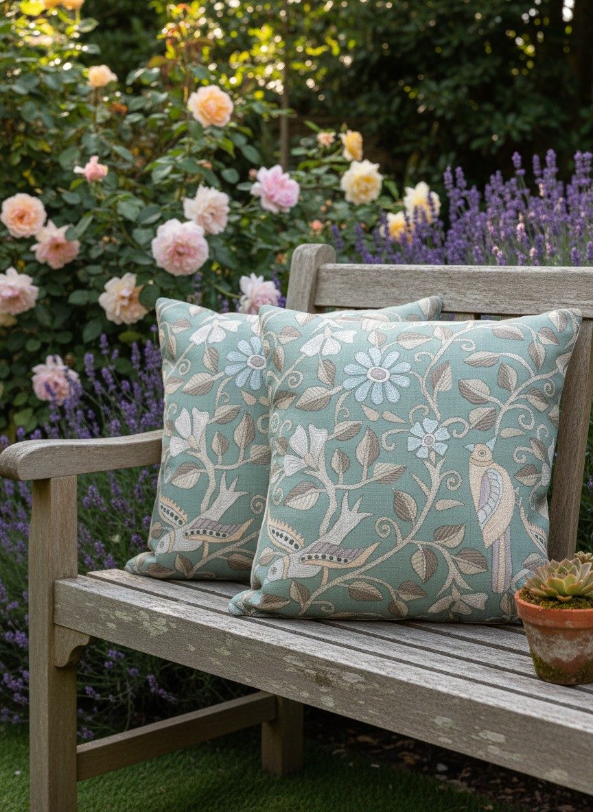 Sage Green Heritage Floral & Bird Printed Cushion Covers 16x16 Inch 1