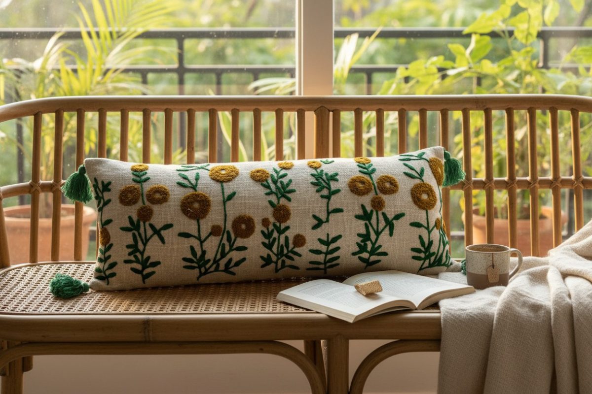 Embroidered Marigold Lumbar Cushion Cover with Tassels – Cream 5