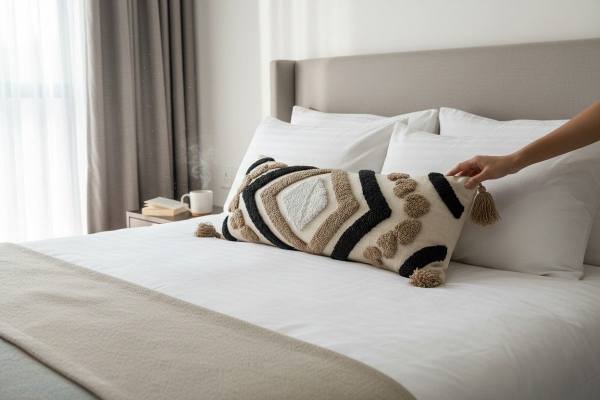 Tufted Geometric Lumbar Cushion Cover with Tassels – Beige & Black 3