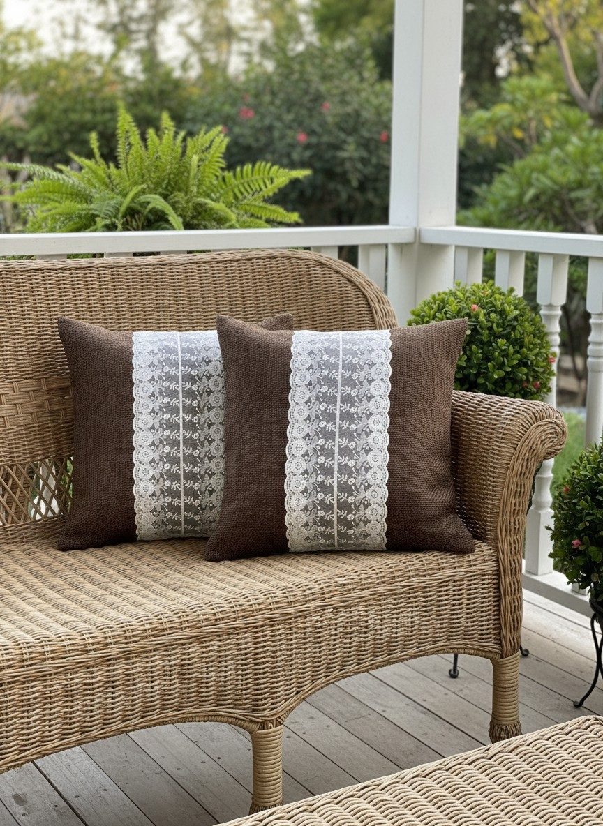 Rustic Dark Brown Woven Cushion Cover with White Floral Lace Panel 16x16 Inch 3