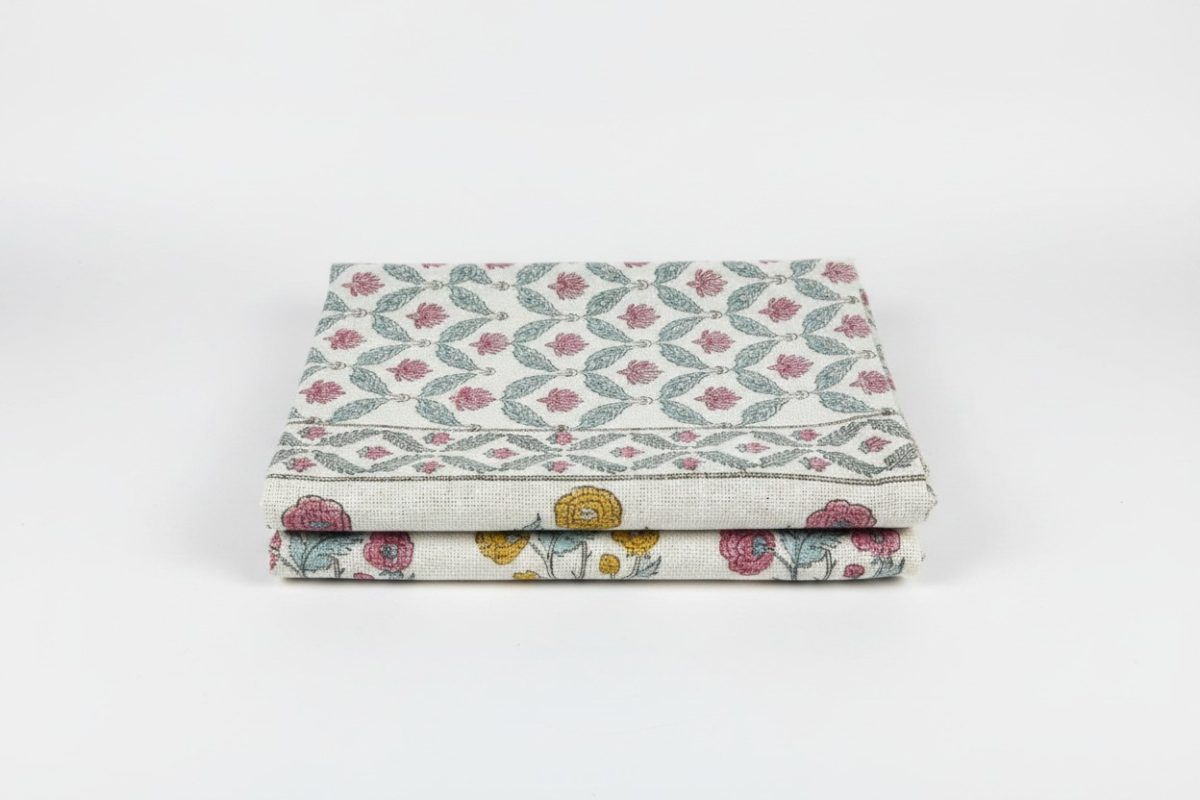 Hand Block Print Mughal Garden Jute Table Runner — Pink & Blue 3