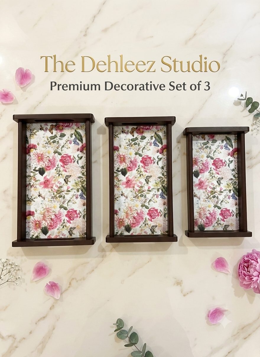 Lacquered Wooden Tray Set of 3 | Decorative Reed Inlay Frame | Raised Bar Handles - Botanical Garden 1
