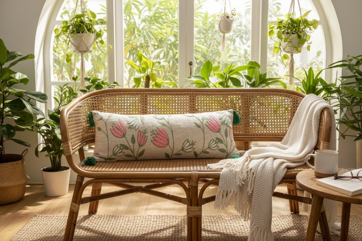Embroidered Tulip Lumbar Cushion Cover with Tassels – Natural 5