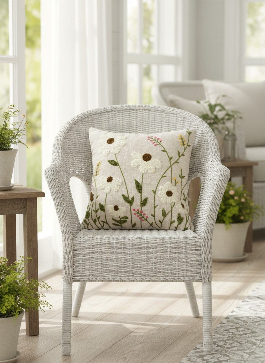 Floral Punch Needle Wildflower on Natural Beige Slub Cotton Embroidered Cushion Cover 16x16 Inch 3