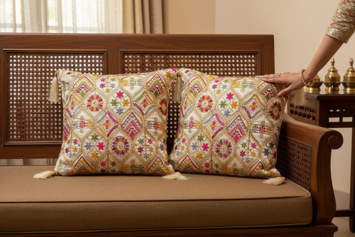 Embroidered Multicolour Square Cushion Cover with Tassels – Cream 5