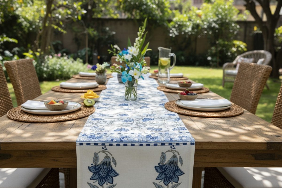 Hand Block Print Indigo Bloom Cotton Table Runner — Blue & Ivory 4