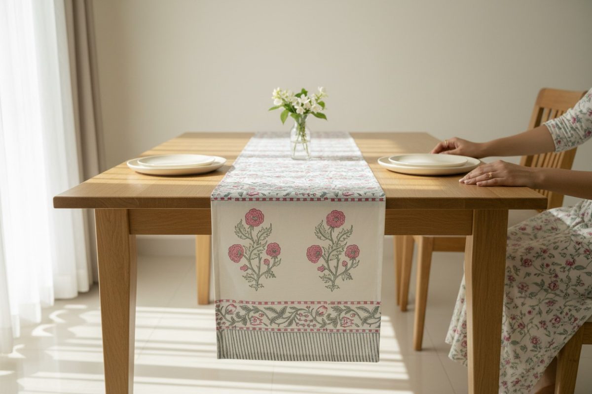 Hand Block Print Rose Vine Cotton Table Runner — Pink & Sage 3
