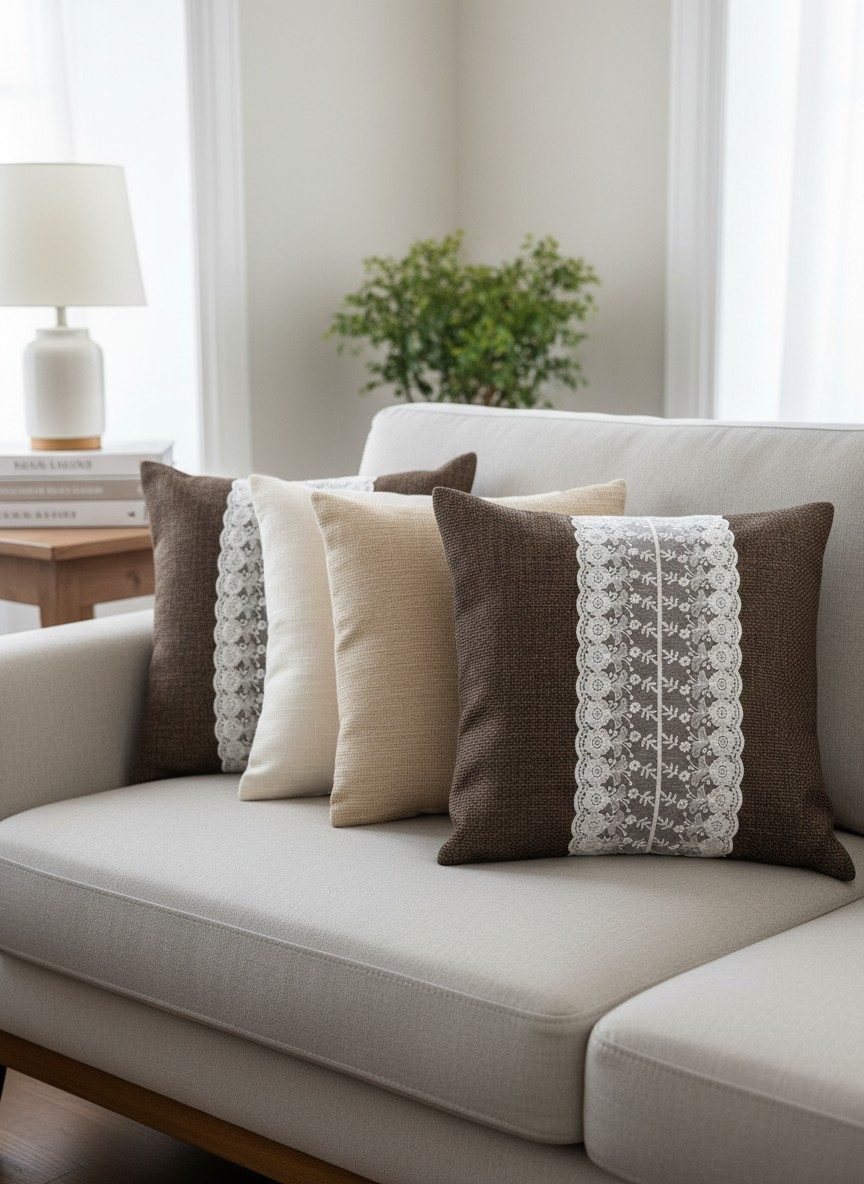 Rustic Dark Brown Woven Cushion Cover with White Floral Lace Panel 16x16 Inch 4