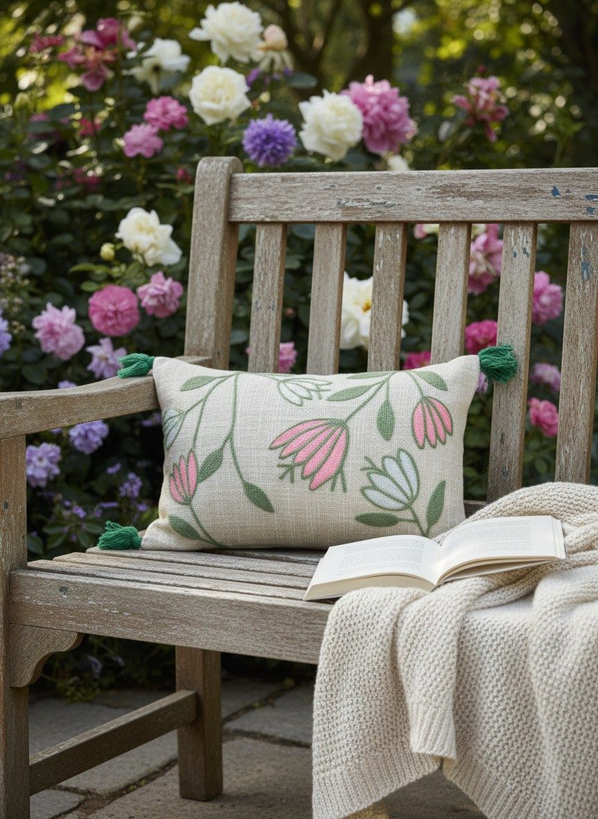 Embroidered Decorative 12X20 inch Cushion Cover with Tassels – Boho Embroidered Throw Pillow Case (1 Pc) - Pink Tulips 5