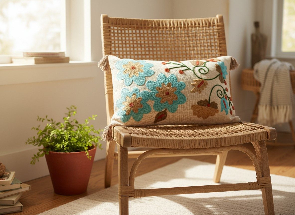Embroidered Decorative 12X20 inch Cushion Cover with Tassels – Boho Embroidered Throw Pillow Case (1 Pc) - Turquoise Floral 3