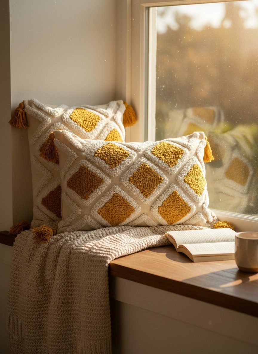Embroidered Decorative 12X20 inch Cushion Cover with Tassels – Boho Embroidered Throw Pillow Case (1 Pc) - Mustard Tufted Diamond 5