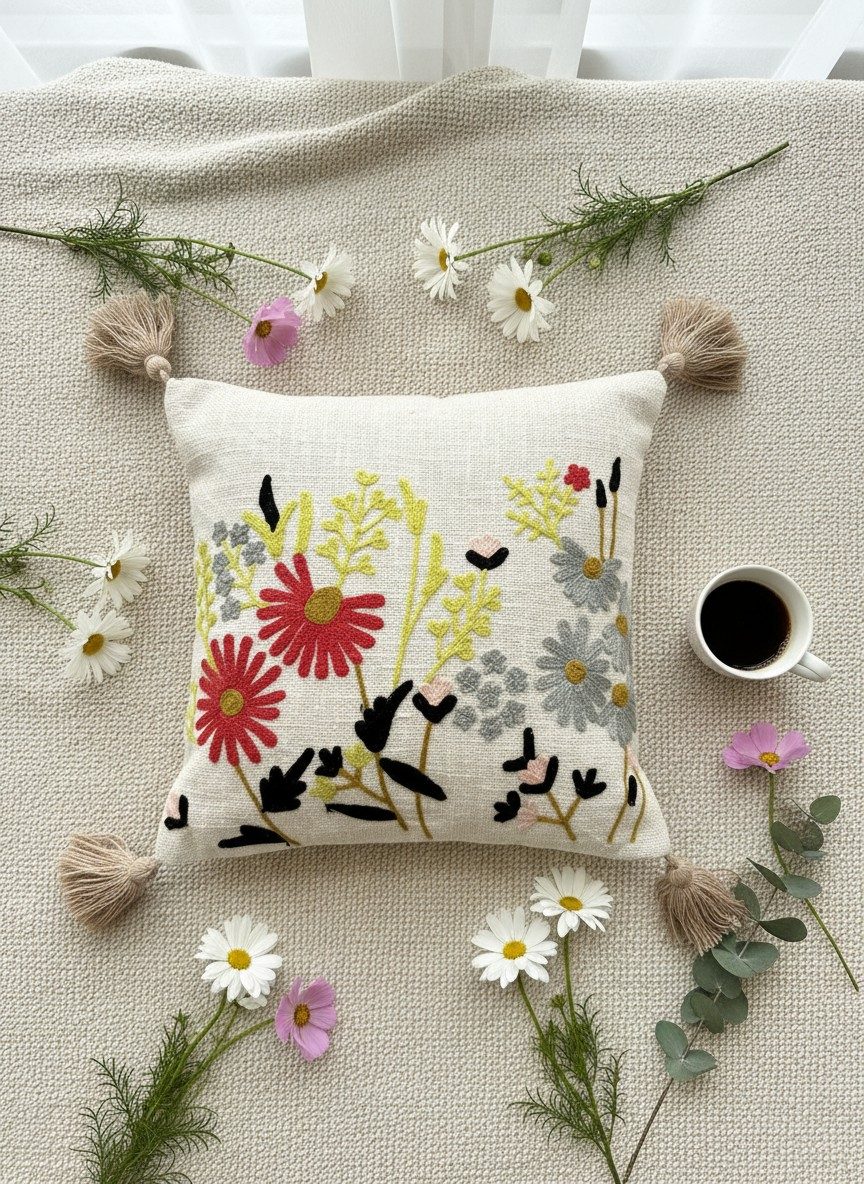 Wildflower Daisy Boho Cushion Cover with Tassels — 16x16 Inches 1