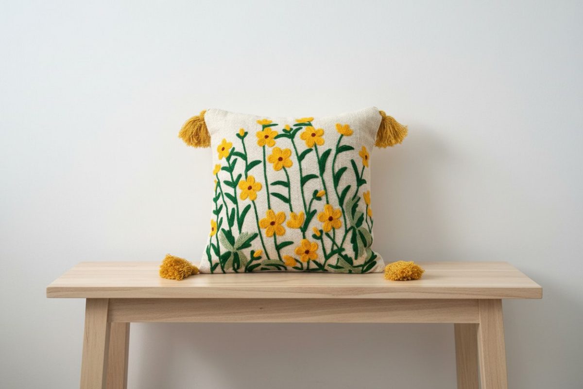 Embroidered Yellow Floral Square Cushion Cover with Tassels – Cream 1