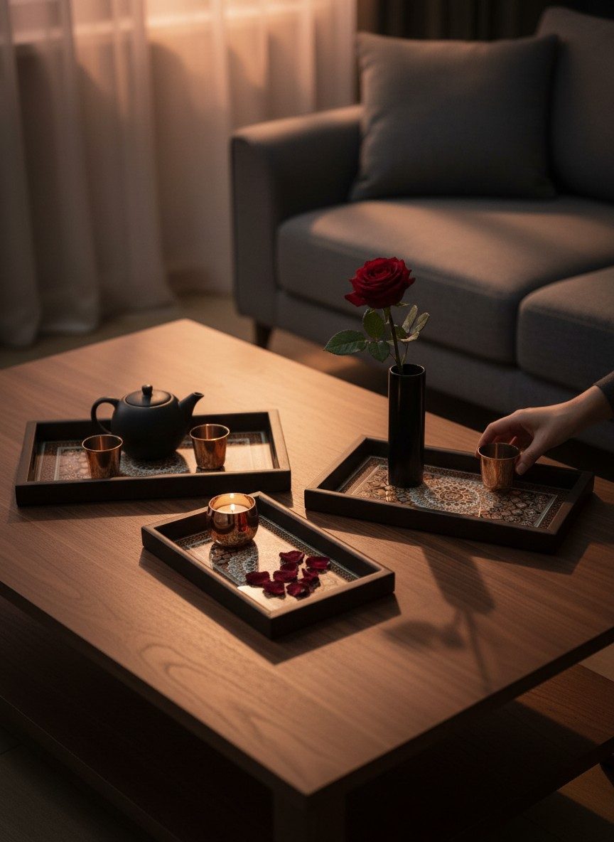 Lacquered Wooden Tray Set of 3 | Decorative Reed Inlay Frame | Raised Bar Handles - Persian Medallion 4