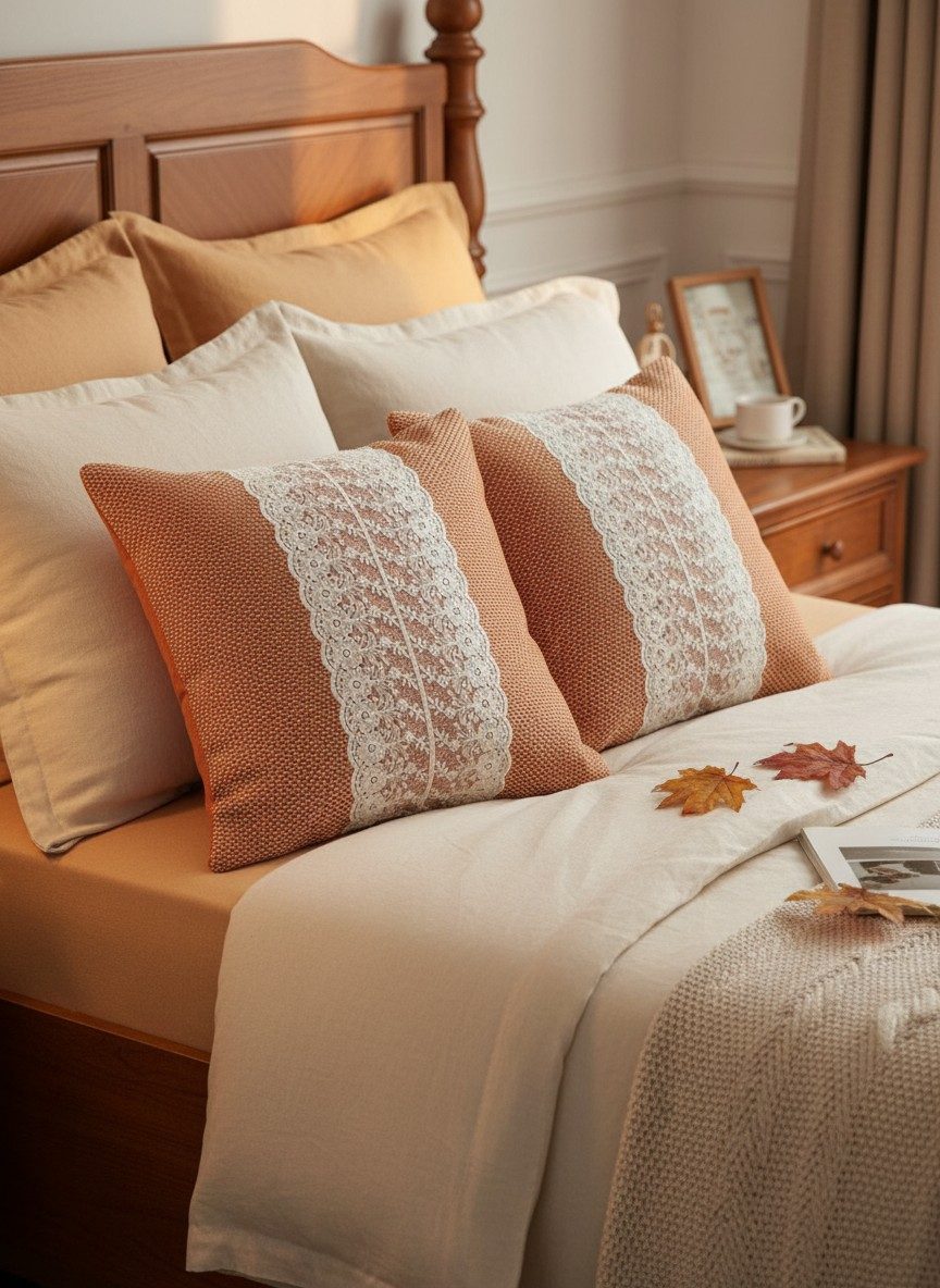 Rustic Terracotta Rust Woven Cushion Cover with White Floral Lace Panel 16x16 Inch 4