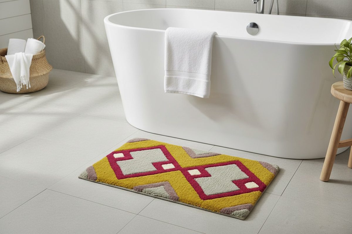 Tufted Geometric Diamond Bath Mat - Mustard & Pink 3