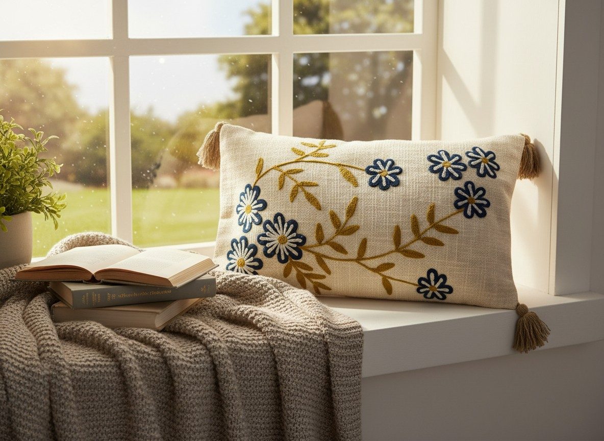Embroidered Decorative 12X20 inch Cushion Cover with Tassels – Boho Embroidered Throw Pillow Case (1 Pc) - Navy Floral 3