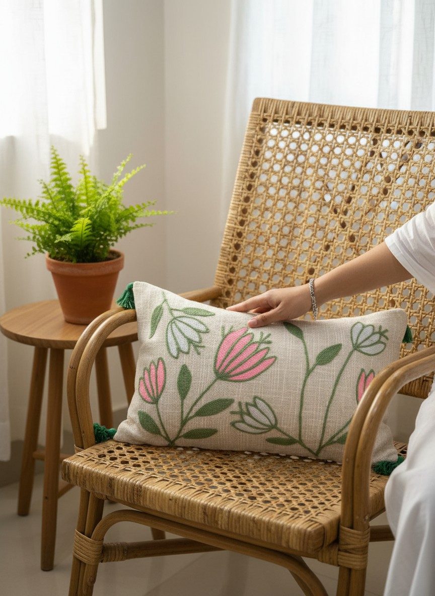 Embroidered Decorative 12X20 inch Cushion Cover with Tassels – Boho Embroidered Throw Pillow Case (1 Pc) - Pink Tulips 2