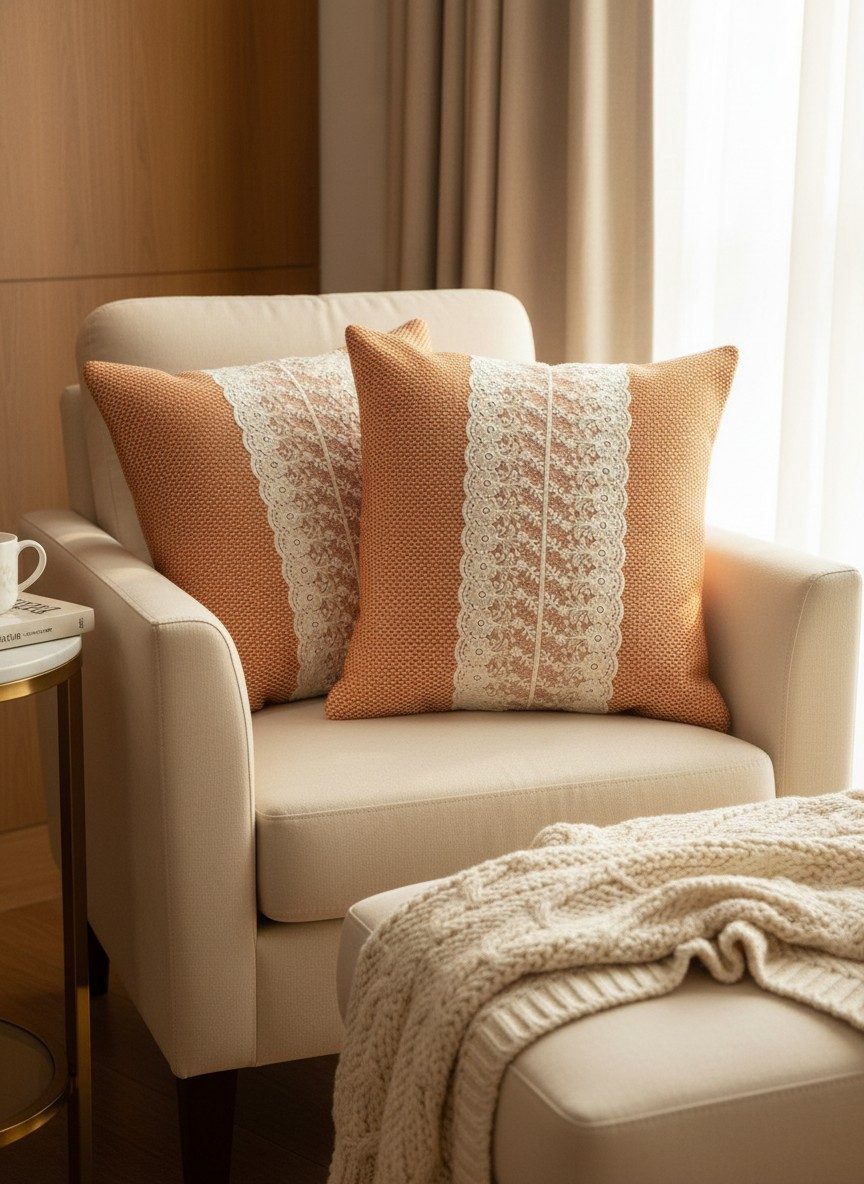 Rustic Terracotta Rust Woven Cushion Cover with White Floral Lace Panel 16x16 Inch 3