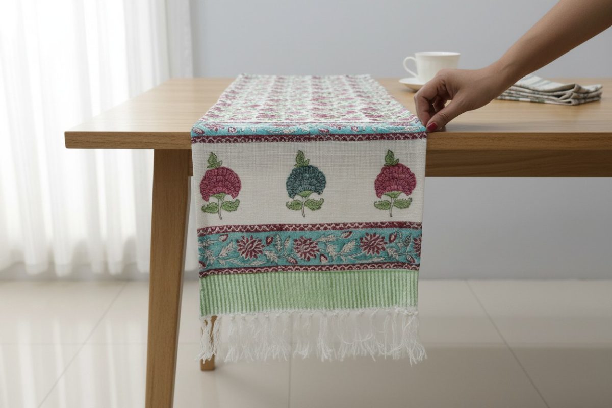 Hand Block Print Floral Motifs Jute Table Runner — Magenta & Teal 1