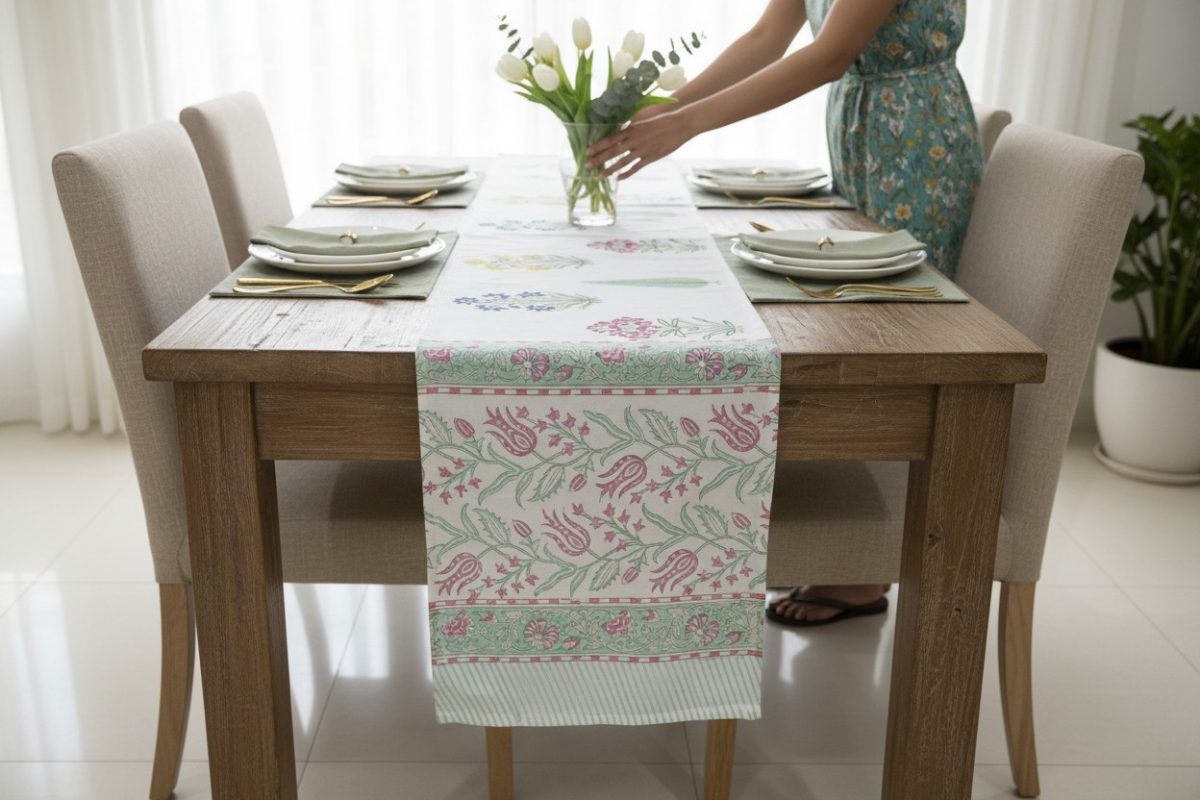 Hand Block Print Spring Botanical Cotton Table Runner — Multi Color 2