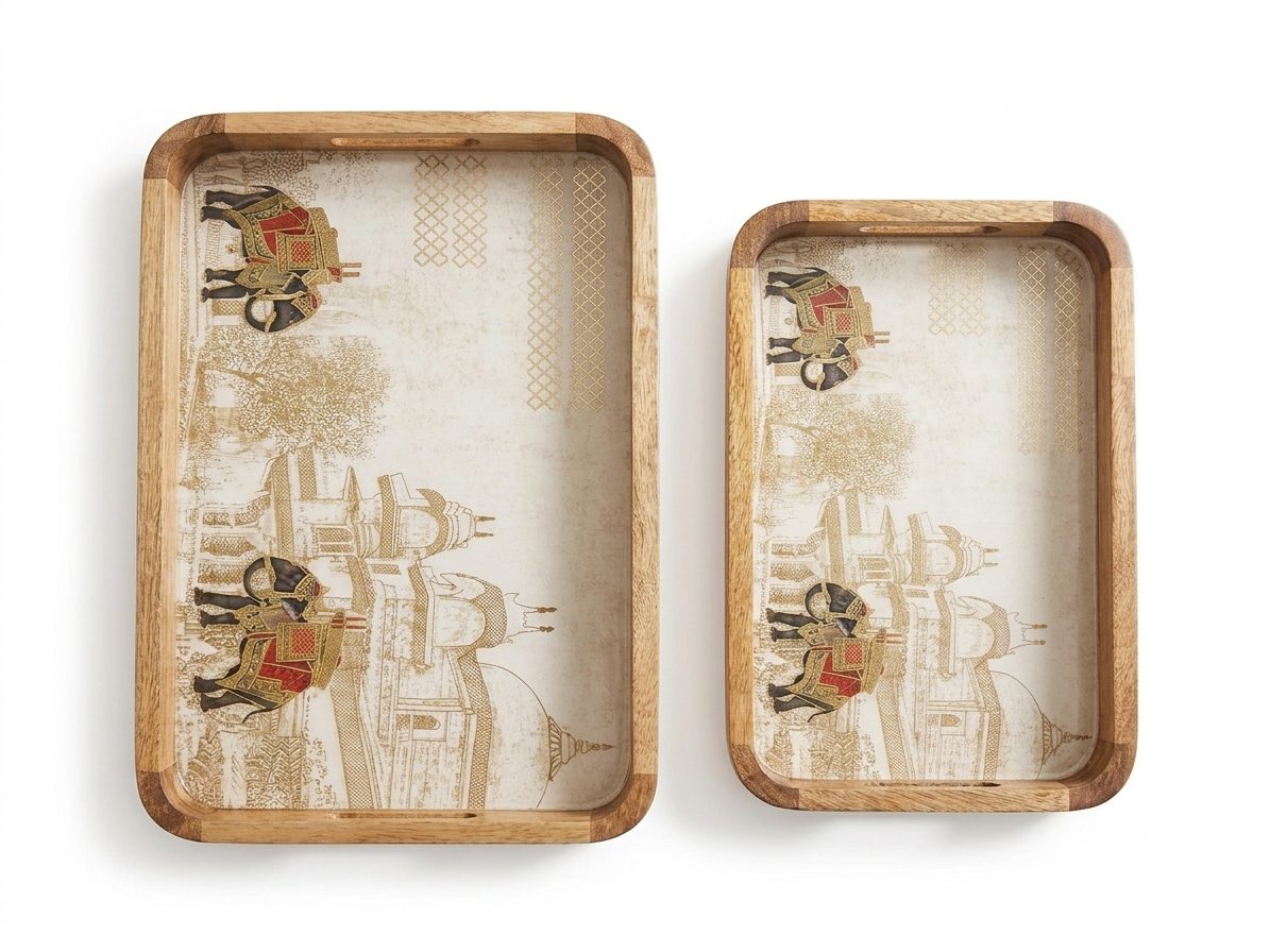 Solid Mango Wood Serving Tray Set of 2 | Lacquered Finish with Raised Bar Handles - Elephant Heritage 1