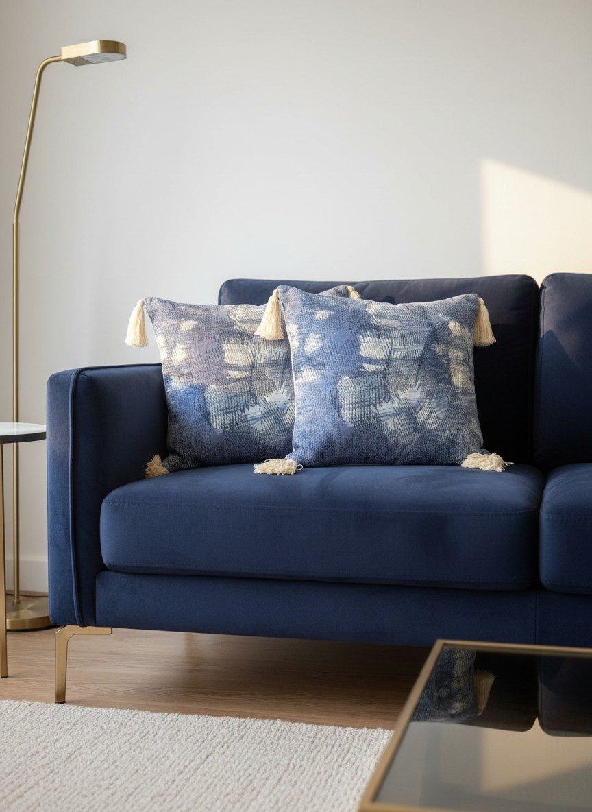 Tie-Dye Textured Square Cushion Cover with Tassels – Blue & Cream 5