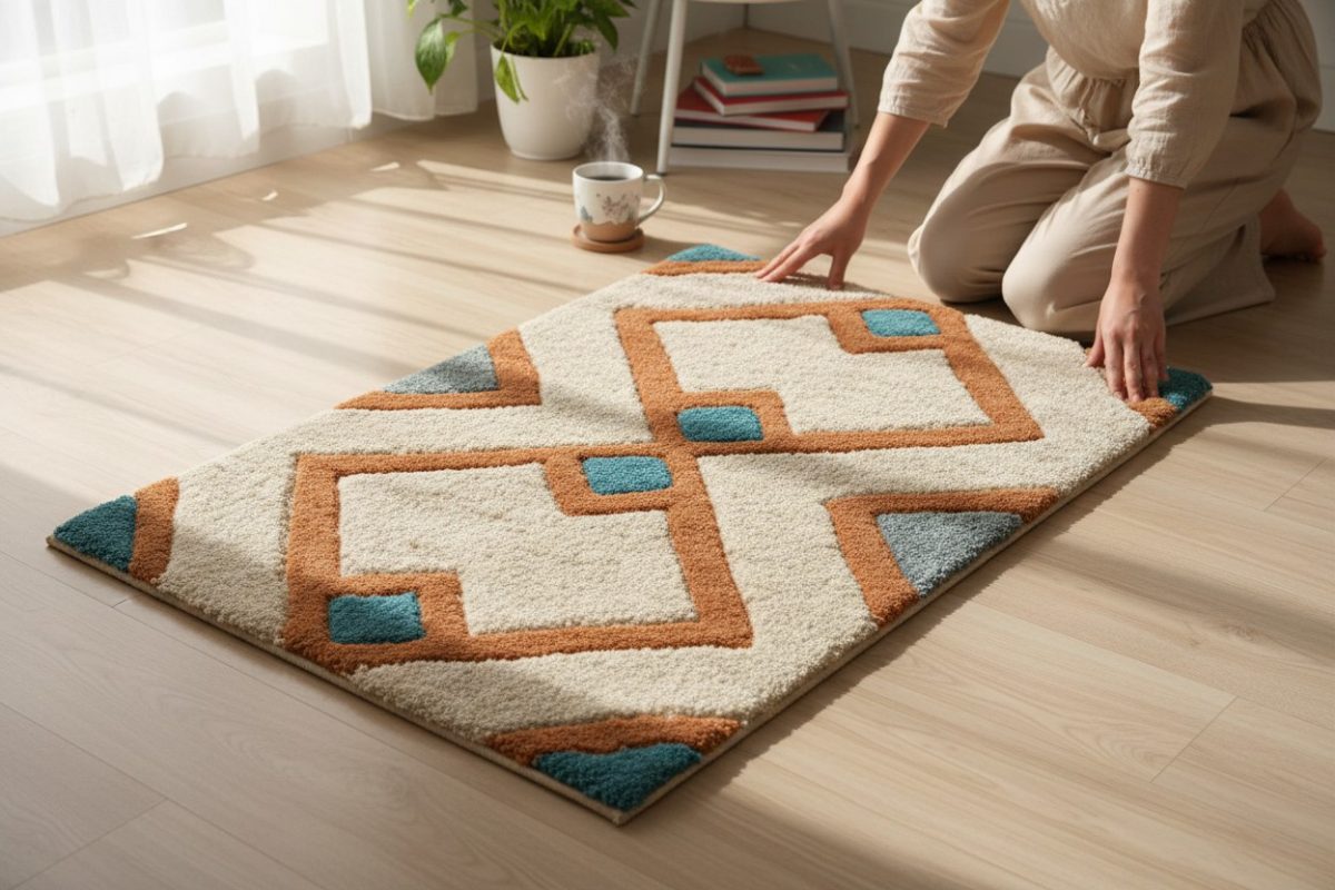Tufted Geometric Diamond Bath Mat - Cream, Rust & Teal 3