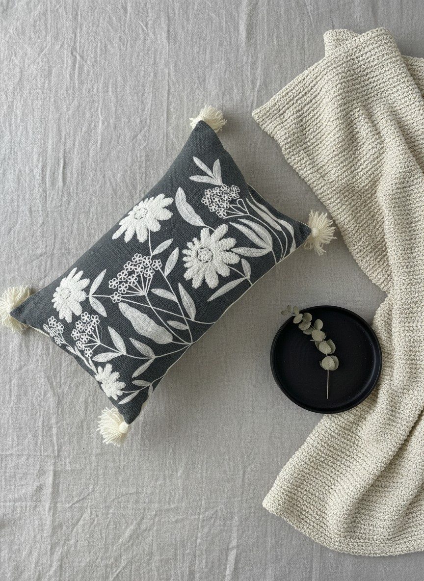Embroidered Decorative 12X20 inch Cushion Cover with Tassels – Boho Embroidered Throw Pillow Case (1 Pc) - Grey Floral 4