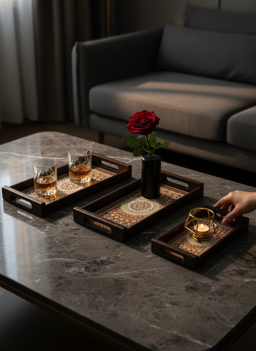 Lacquered Wooden Tray Set of 3 | Decorative Reed Inlay Frame | Raised Bar Handles - Persian Medallion 3