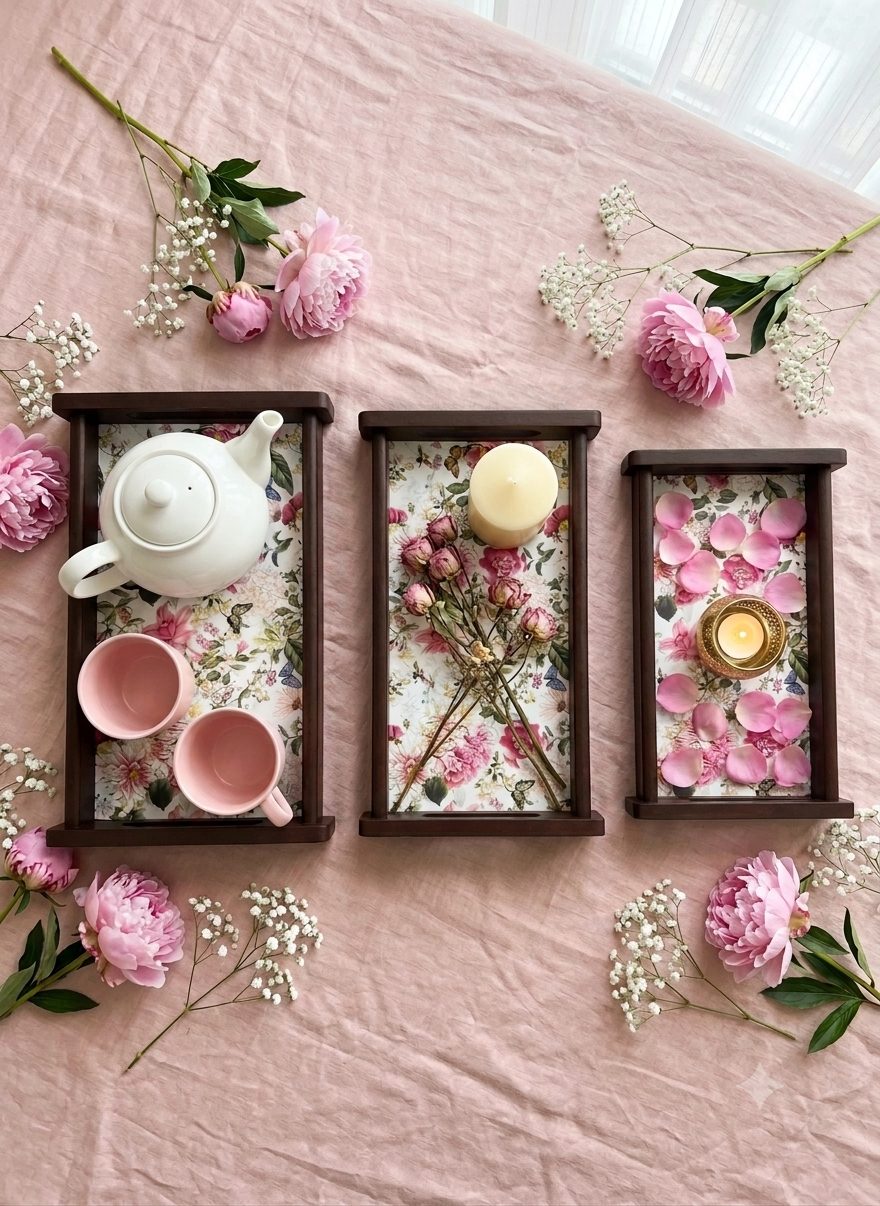Lacquered Wooden Tray Set of 3 | Decorative Reed Inlay Frame | Raised Bar Handles - Botanical Garden 3