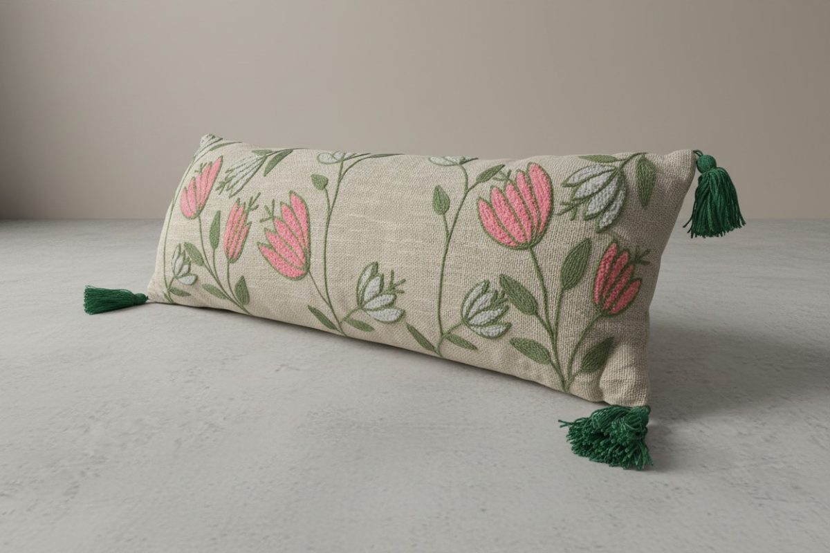 Embroidered Tulip Lumbar Cushion Cover with Tassels – Natural 4