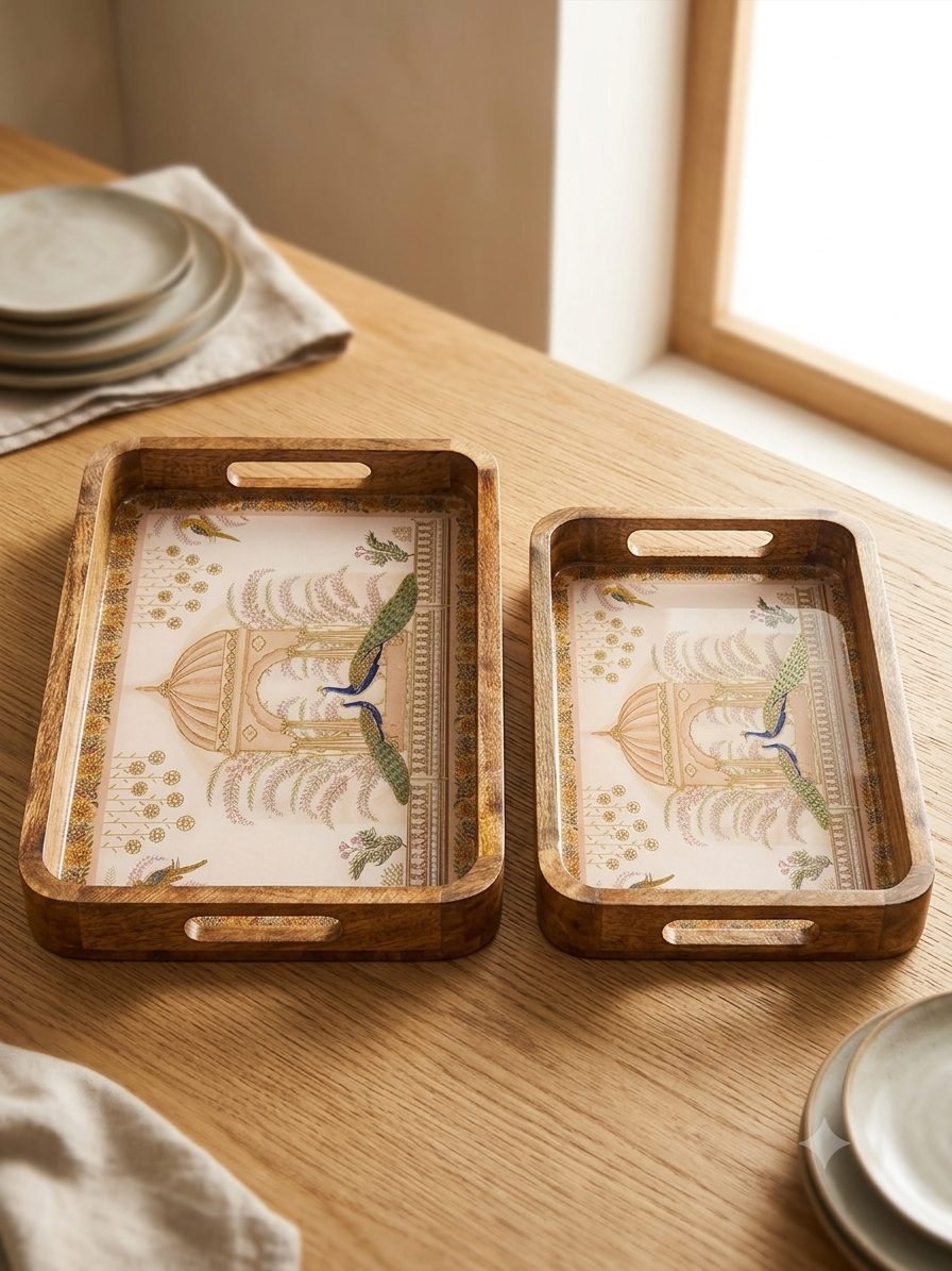 Solid Mango Wood Serving Tray Set of 2 | Lacquered Finish with Raised Bar Handles - Peacock Pavilion 5