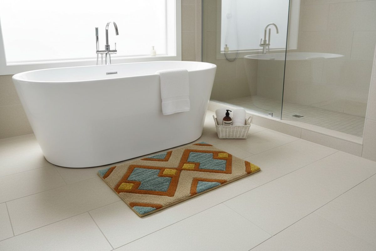 Tufted Geometric Diamond Bath Mat - Blue & Rust 3
