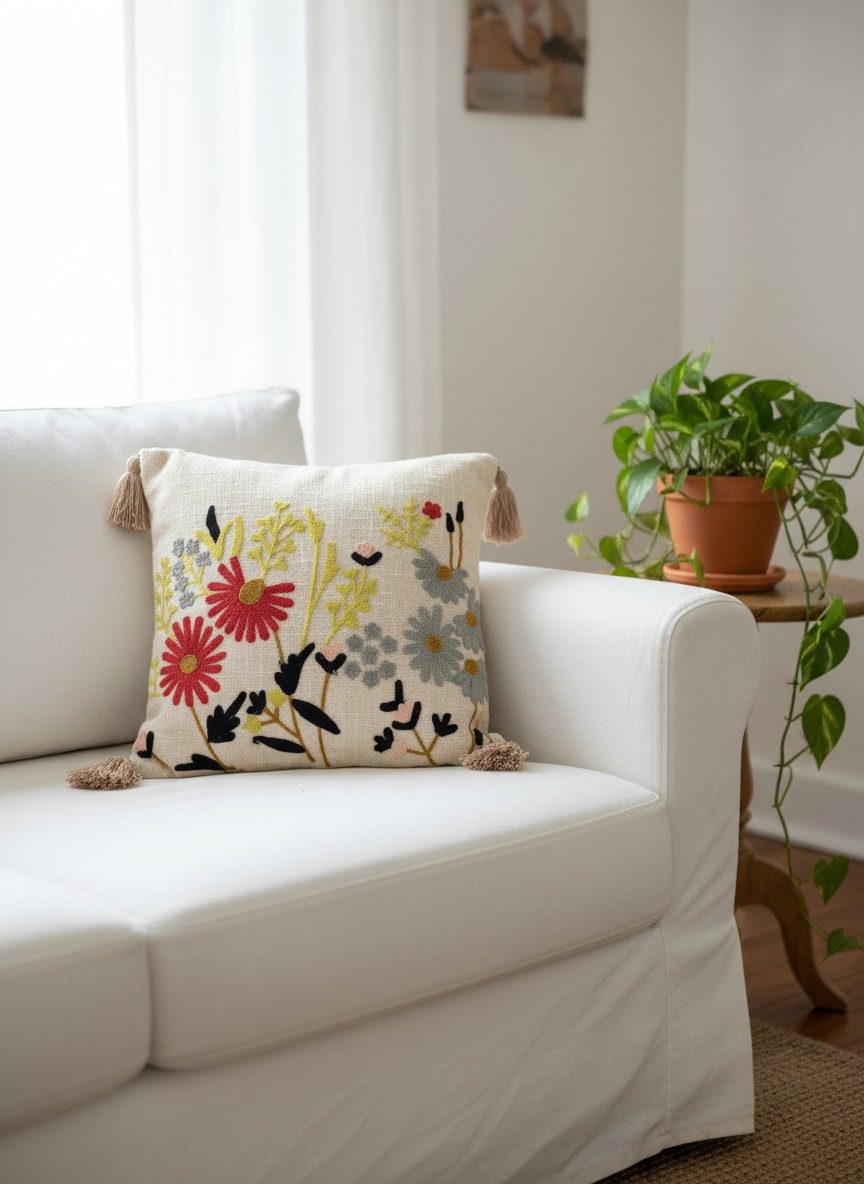 Wildflower Daisy Boho Cushion Cover with Tassels — 16x16 Inches 3