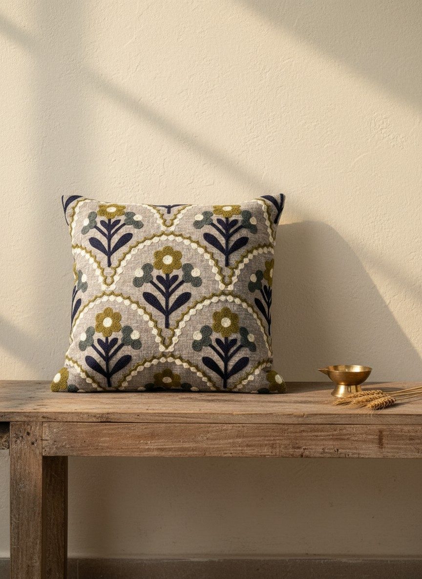 Grey Embroidered Cushion Cover — 16x16 Inches | Floral Throw Pillow Cover 4