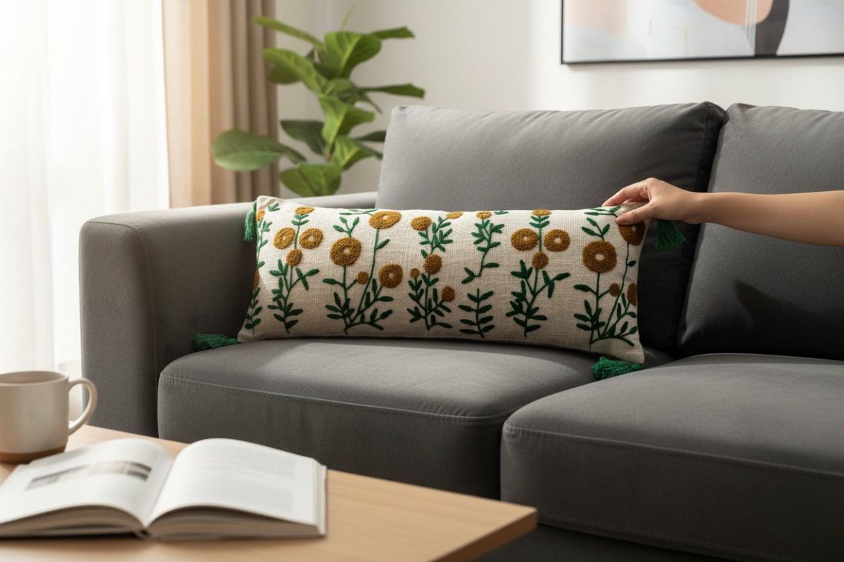 Embroidered Marigold Lumbar Cushion Cover with Tassels – Cream 2