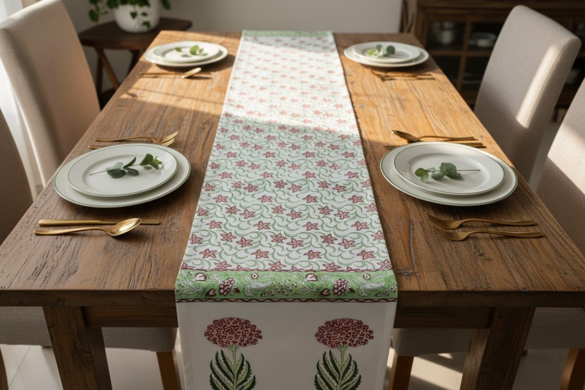 Hand Block Print Marigold Bloom Cotton Table Runner — Pink & Sage 5